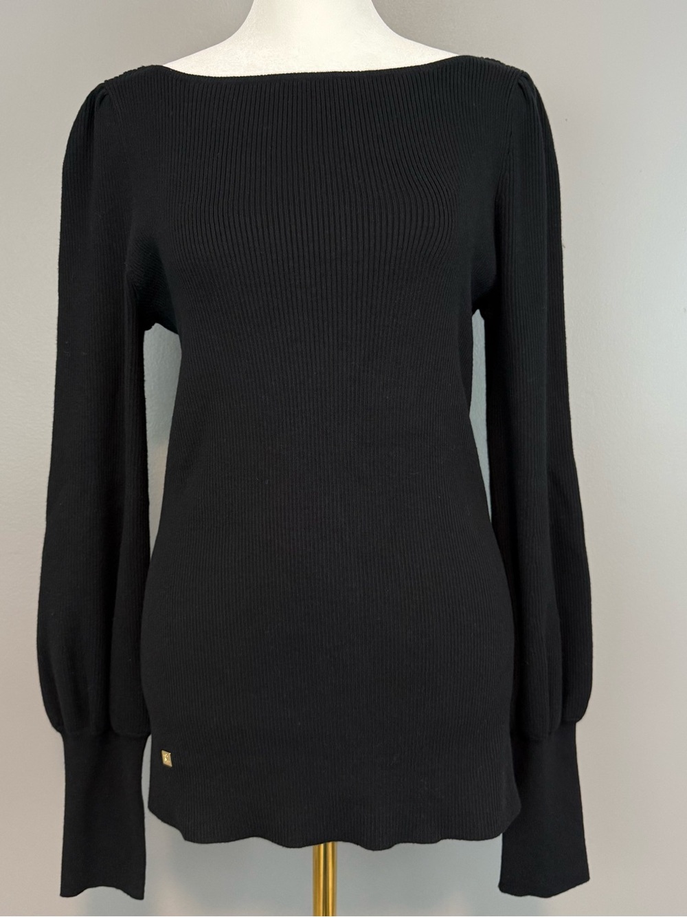 NWT Ralph Lauren LRL Ribbed Sweater Women Medium Black Puff Sleeve Boat Neck Top